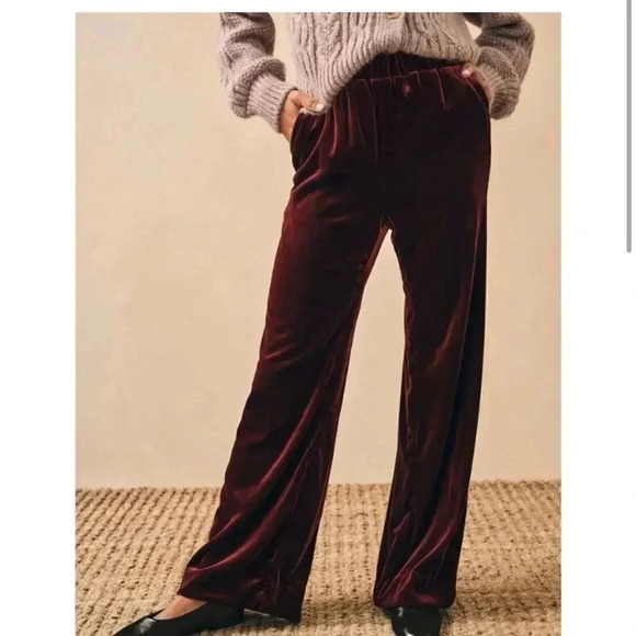 NWT Faherty Vintage Silk Velvet Genevieve Wide Leg Pant Maroon size Large - Picture 1 of 13